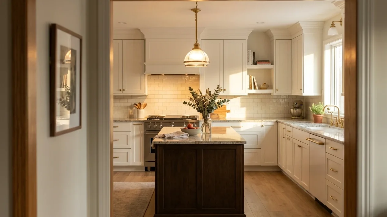 Kitchen with cream shaker cabinets, white subway backsplash, stone countertops and a dark wood island